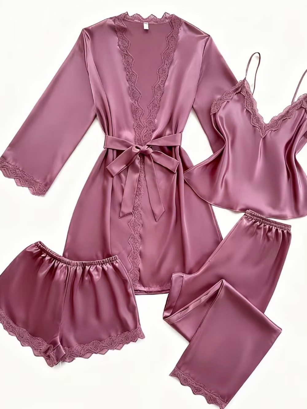 4-Piece Satin Lace Pajama Set in Mauve - Women’s Sleepwear
